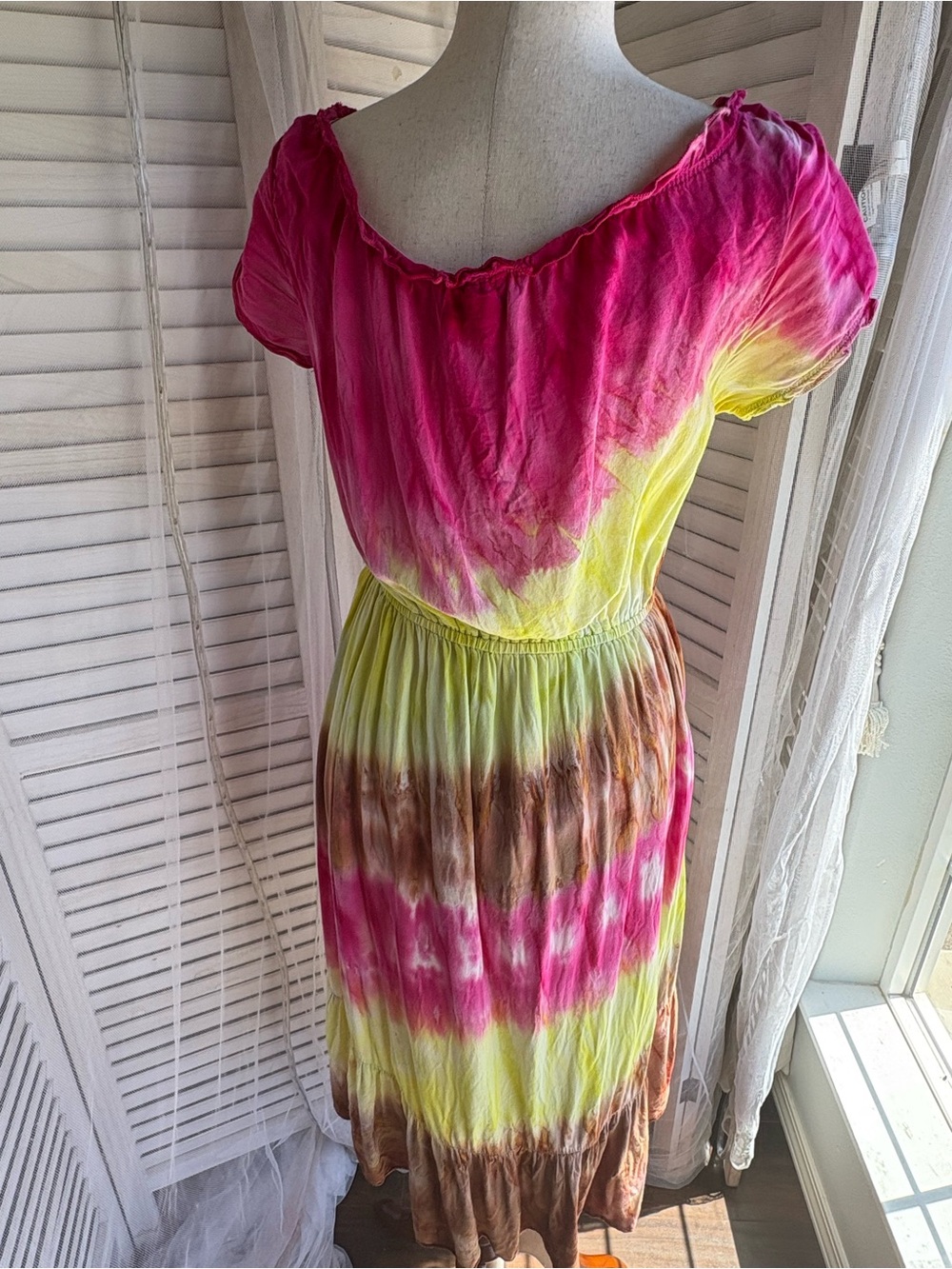 Women's Pink & Yellow Tie-Dye Smocked Waist Mini Dress